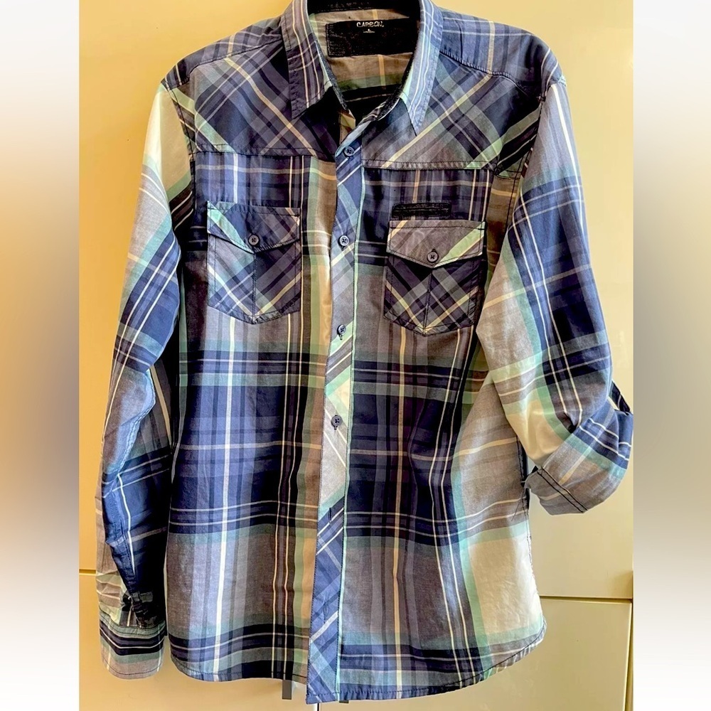 Carbon  Button Down Shirt Blue Plaid Mens Size L slim fit Checkered